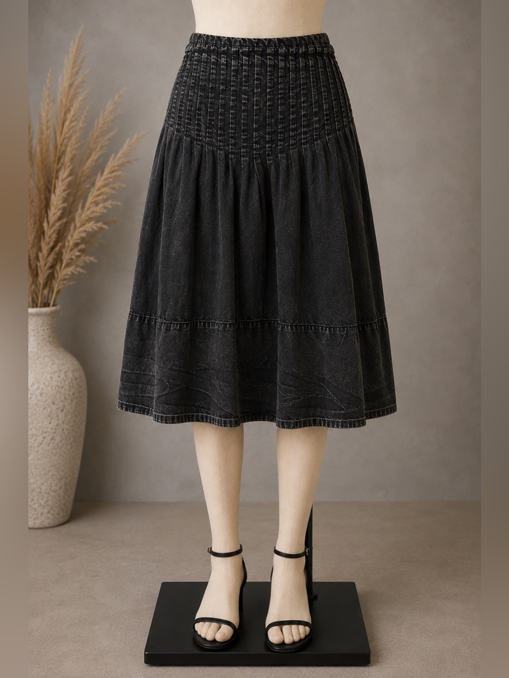 Free People Peyton Pintuck Midi Skirt Washed Black Size 4